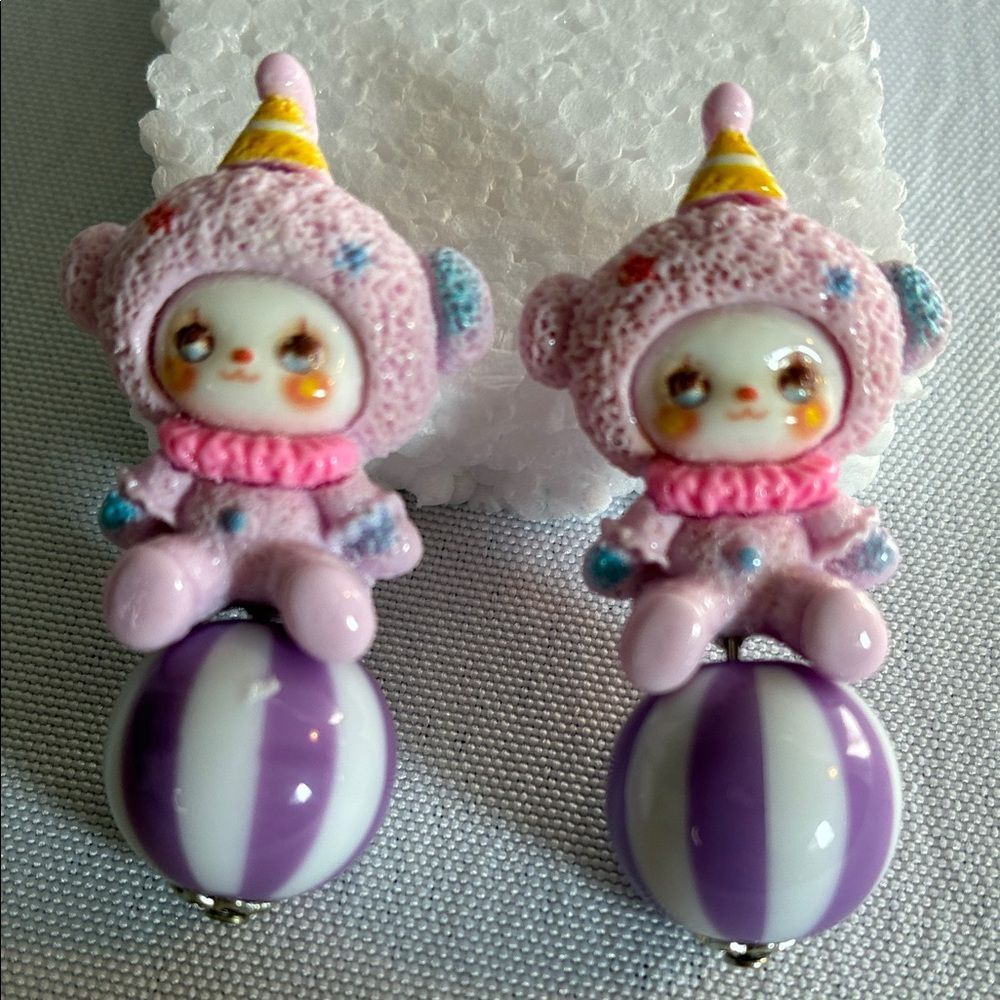 NEW Cute little clown earrings purple & pink girlie novelty lightweight birthday
